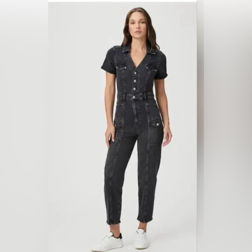 PAIGE NWT size 10 Alexis Washed Black Short-Sleeve Denim Jumpsuit